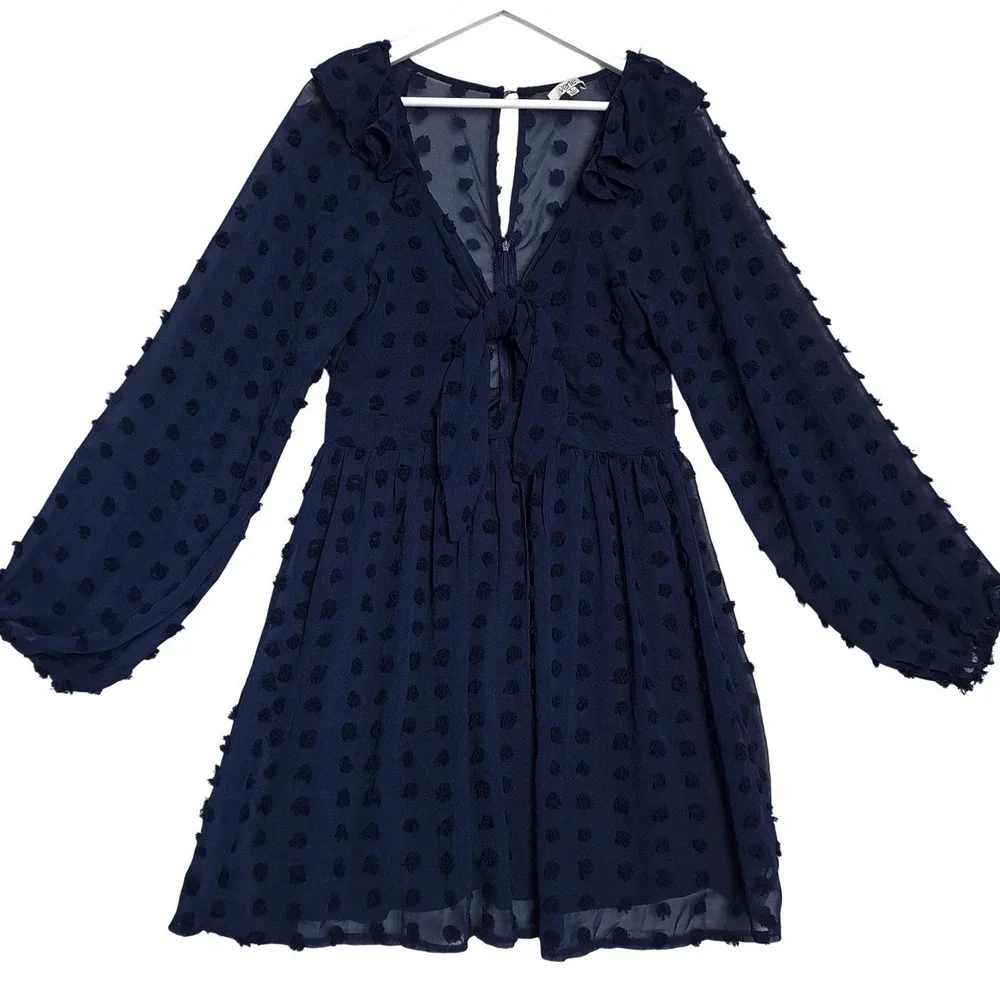 Verte Mini Dress L Navy Blue Clip Dot Tie Front Ruffle Sheer Balloon Sleeve Boho